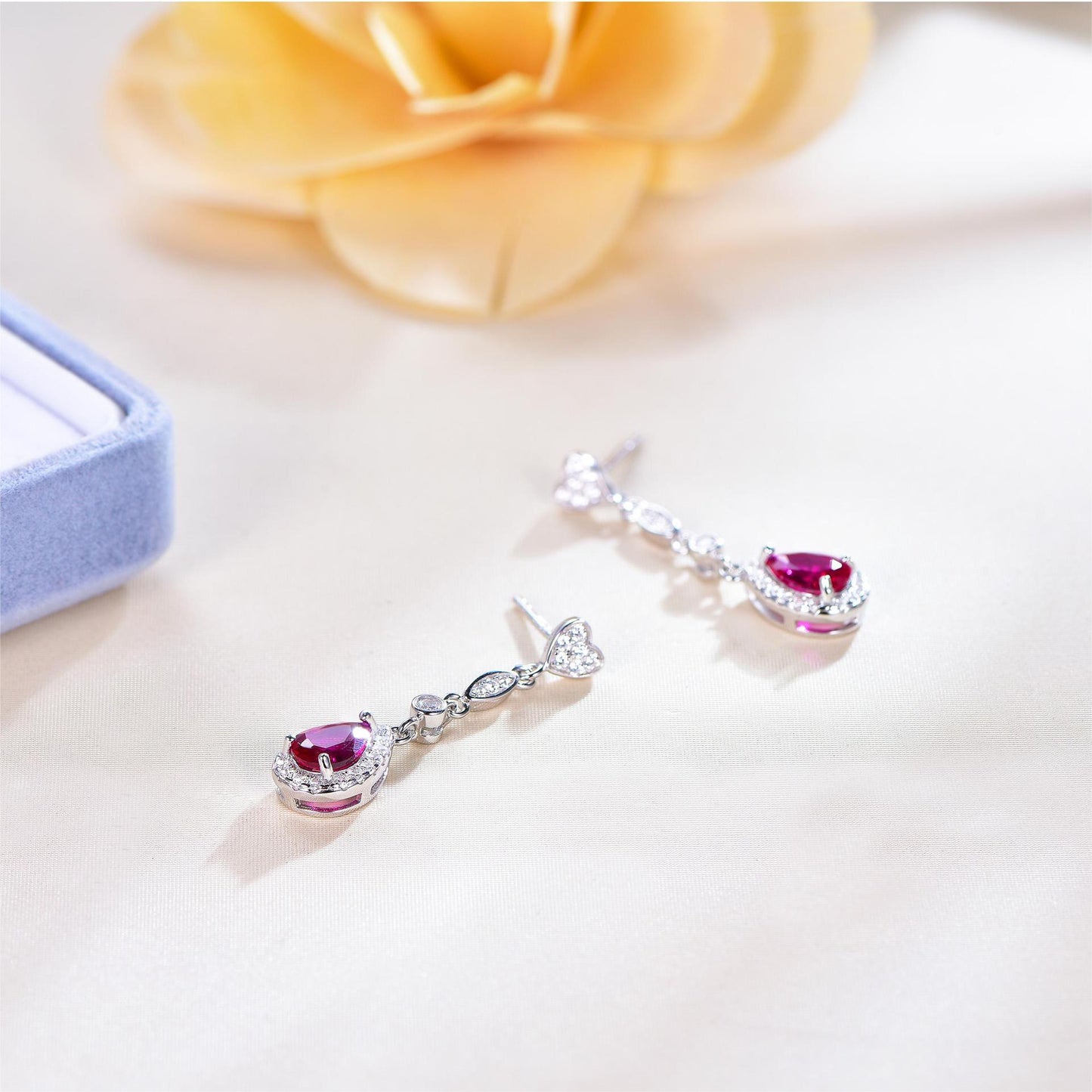 S925 sterling silver teardrop cut ruby earrings