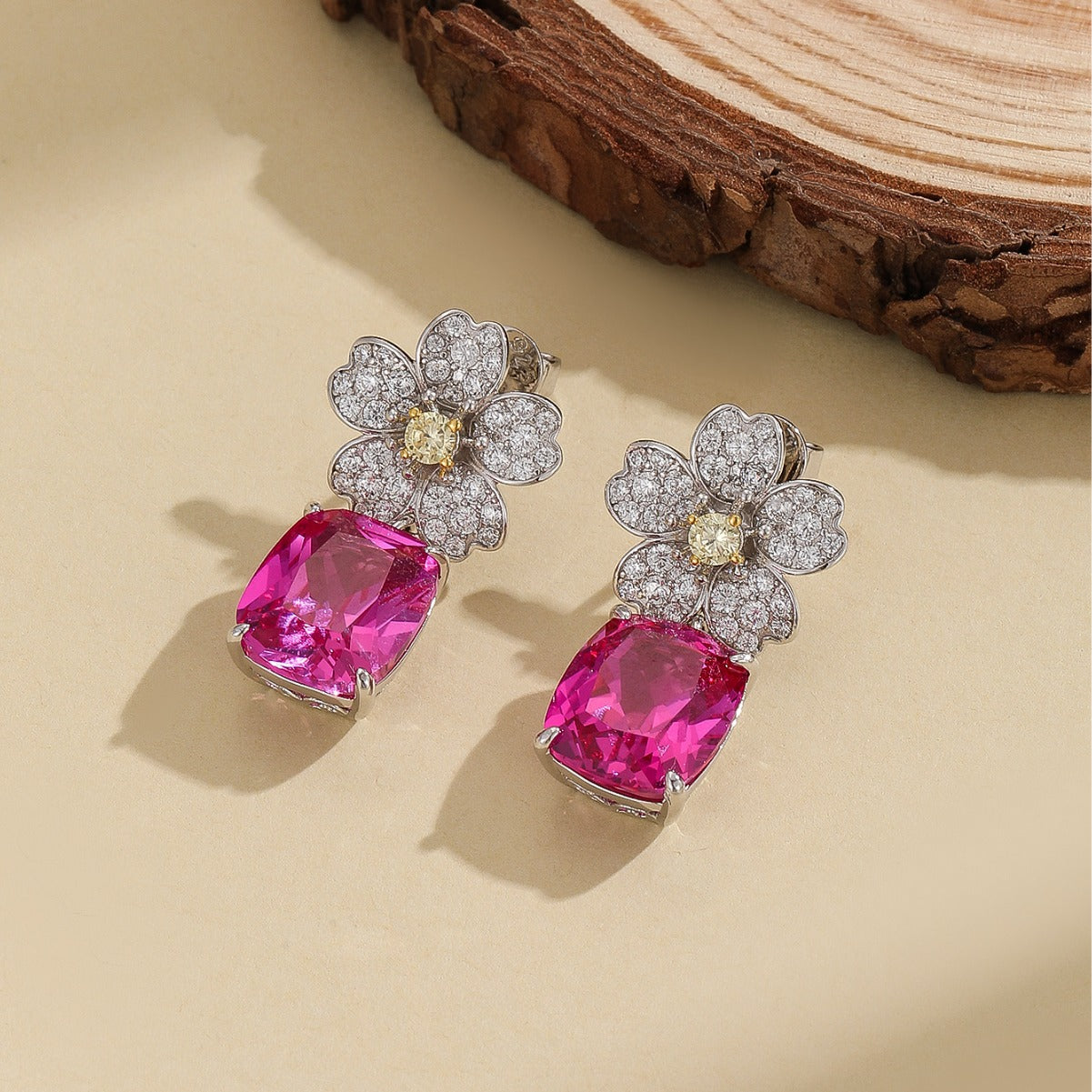 S925 sterling silver diamond ruby camellia earrings