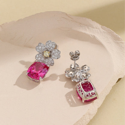 S925 sterling silver diamond ruby camellia earrings