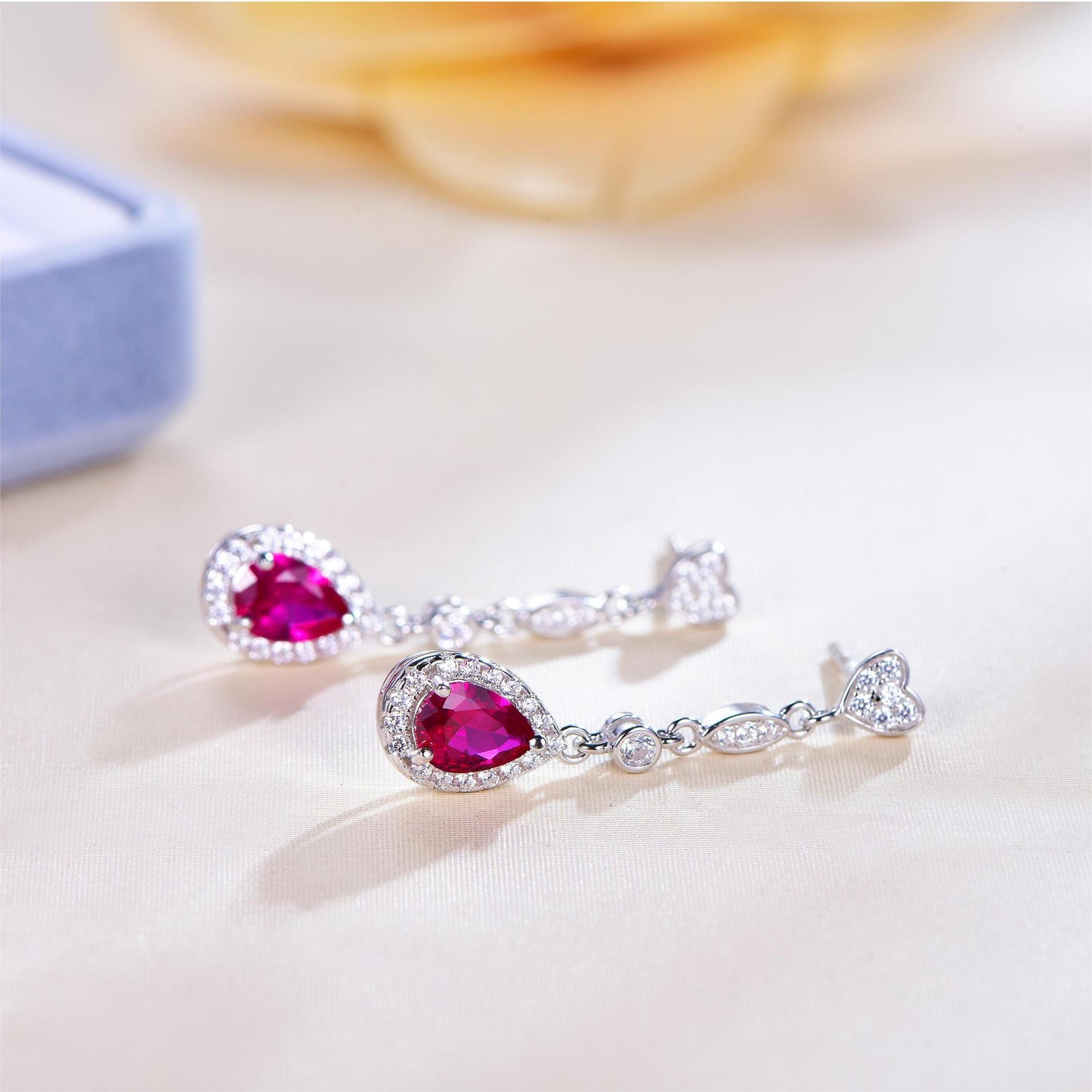 S925 sterling silver teardrop cut ruby earrings