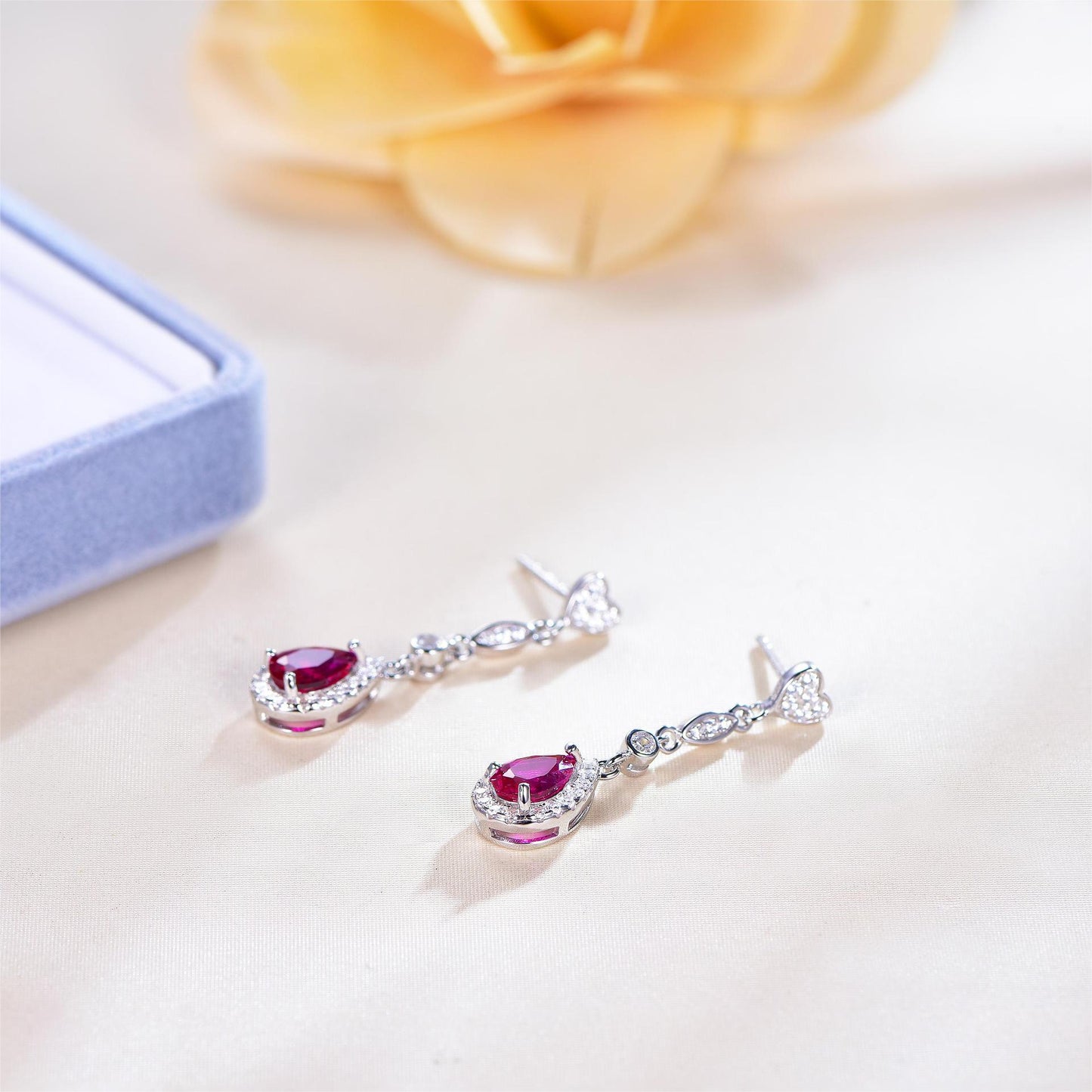 S925 sterling silver teardrop cut ruby earrings